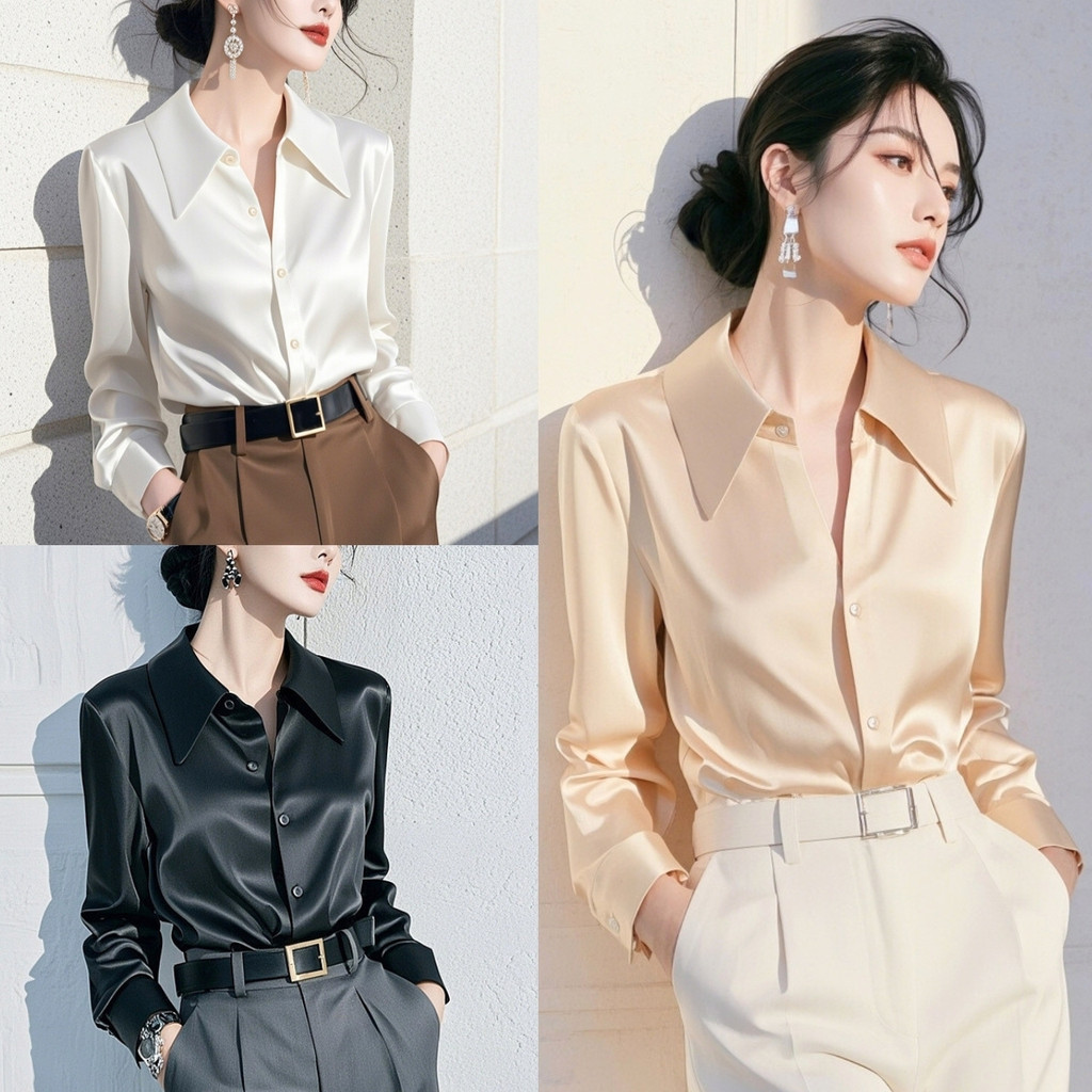 🔥ราคาถูกที่สุด🔥เสื้อเชิ้ตซาติน แขนยาวคอปก มีกระดุมหน้า สีพื้น 14 สี ผ้าดีใส่สบายมาก
