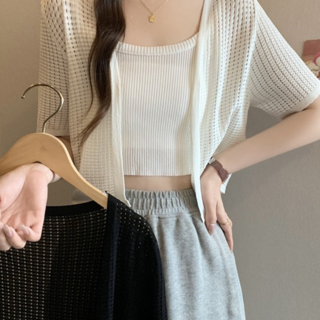 บางกลวงเสื้อแจ็คเก็ตแขนสั้นผู้หญิงฤดูร้อนสไตล์ใหม่แฟชั่นลดอายุสวมใส่ด้านนอกครีมกันแดดถัก