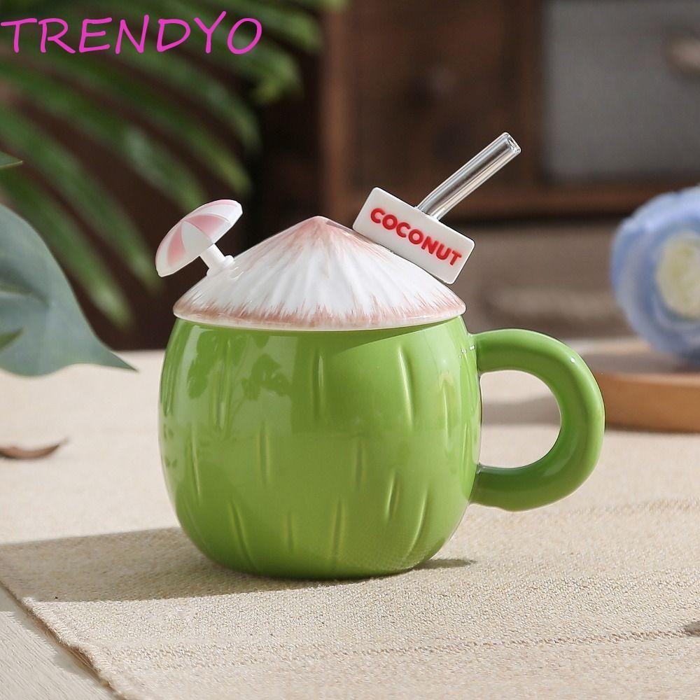 Trendyo ถ้วยกาแฟสร้างสรรค์พร้อมฝาปิดความจุขนาดใหญ่พร้อมหลอดแก้วแก้วแก้วมะพร้าวเซรามิกจับสบายทนความร้อนสะดวกจับน่ารักฤดูร้อน Drinkware น้ํา