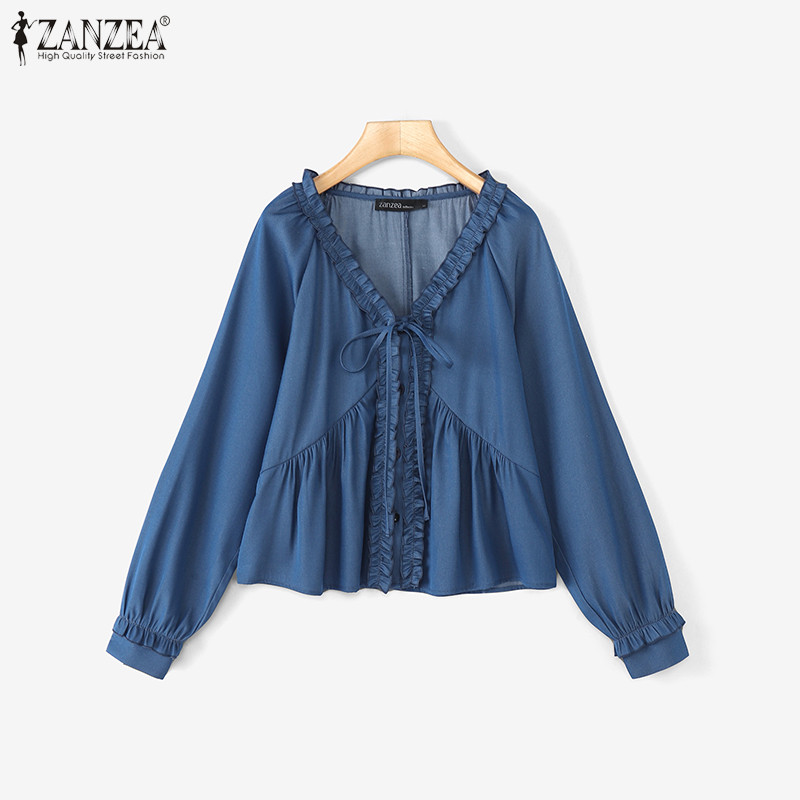 Zanzea เสื้อเบลาส์เดนิมอัดพลีทแขนยาวคอวีเกาหลีสําหรับผู้หญิง — صورة 7
