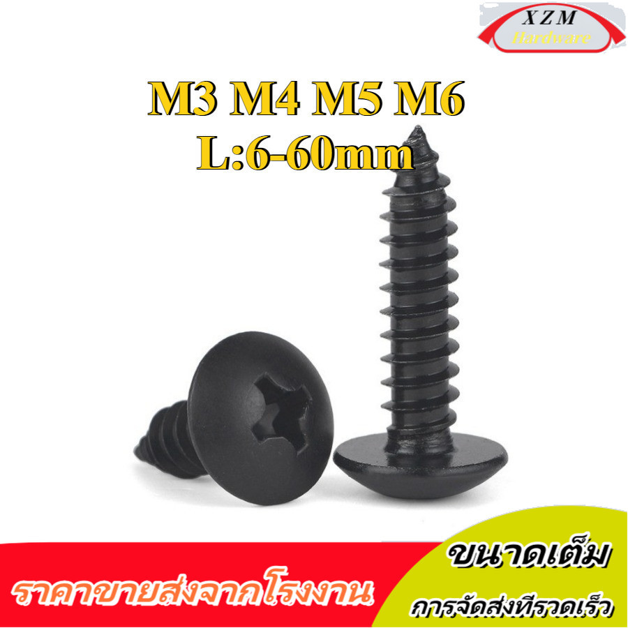 น็อต สกรู หัวร่ม หัวกระทะ แฉก T+ สแตนเลส 304  สีดํา เกลียวปล่อย  / Truss an Head Phillip Tapping Screw M3/M4/M5/M6 * L6-60 มม. (XZM-DM-w)