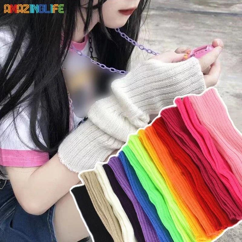 ปลอกแขนถักลําลอง แบบยาว สีมาการอง สไตล์หวานแหวว ไร้นิ้ว สําหรับผู้หญิง Y2K