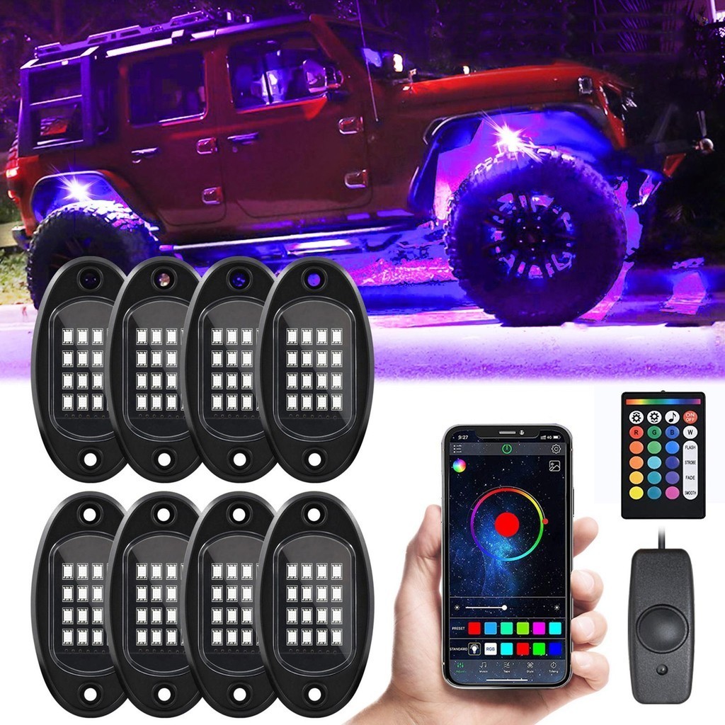 Tfreth ไฟ LED กันน้ํา 8 ชิ้น พร้อมตัวควบคุม APP BT 24 คีย์ สําหรับ SUV ATV UTV