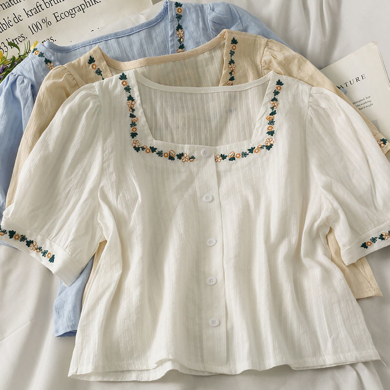Coco~เสื้อเชิ้ต แขนสั้น เย็บปักถักร้อย ผ้านุ่ม สไตล์แฟชั่นเกาหลี