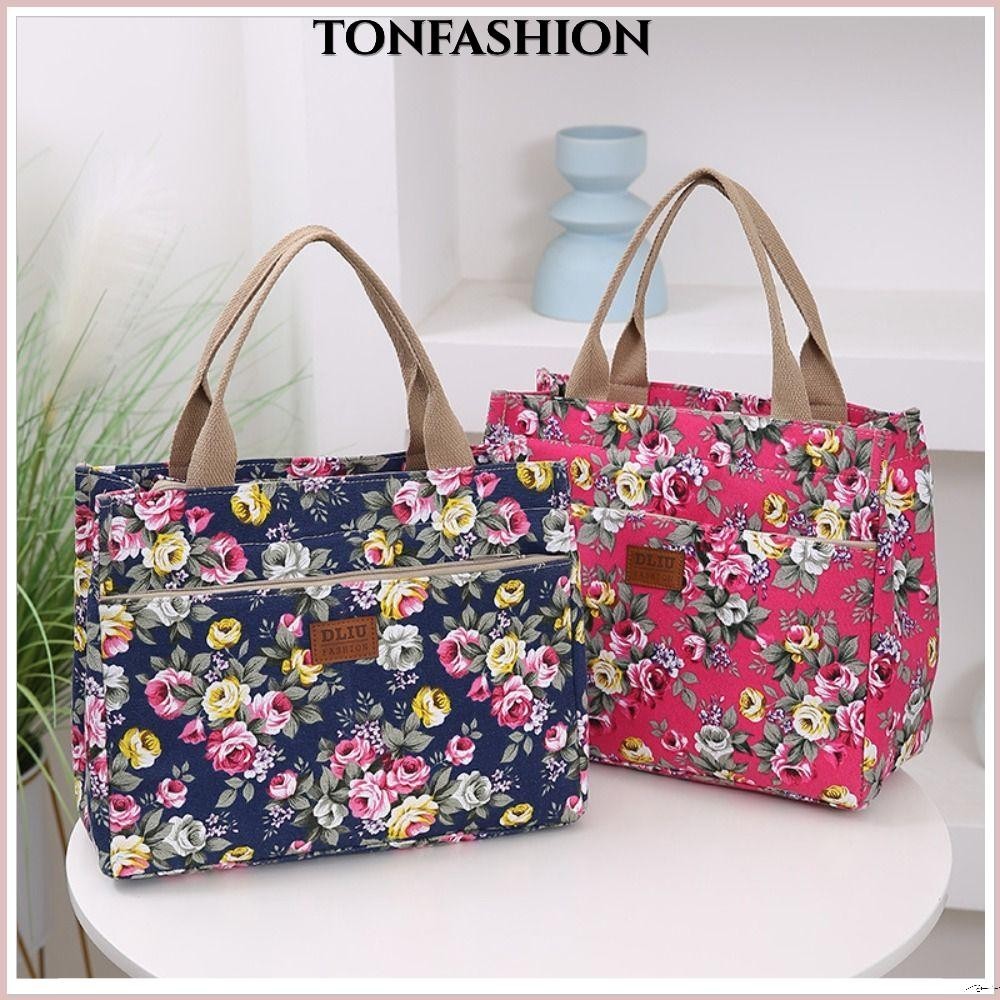 Tonfashion กระเป๋าถือ ผ้าแคนวาส ทรงโท้ท ขนาดใหญ่ จุของได้เยอะ พิมพ์ลายดอกไม้ แบบพกพา ใส่อาหารกลางวันได้ แฟชั่นสําหรับคุณแม่