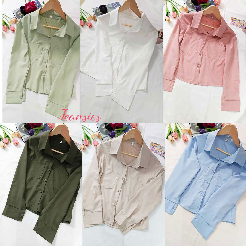 เสื้อครอปเชิ้ตแขนยาว สีพื้น ทรงสวยแมตช์ง่ายมาก ใส่ไปทำงาน