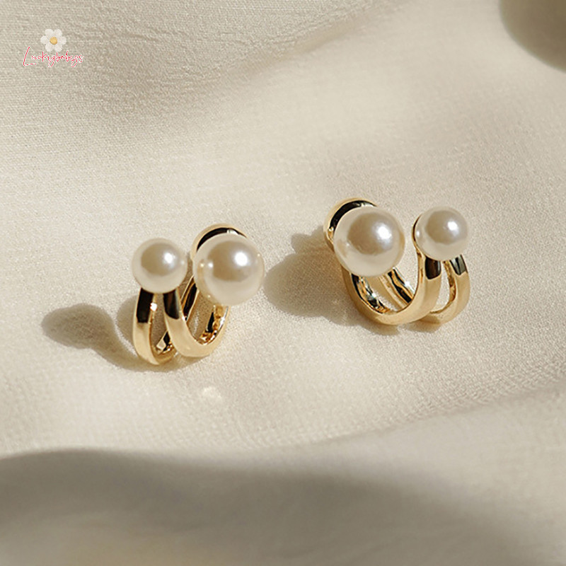 Luckybabys> ต่างหูสตั๊ด ประดับมุกเทียม สองชั้น สไตล์เกาหลี ราคาถูก เครื่องประดับ สําหรับผู้หญิง ของขวัญใหม่