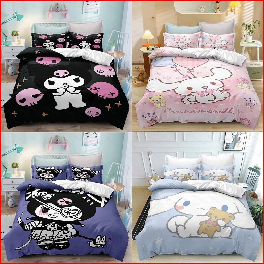 Ys Sanrio Cinnamoroll Kuromi 3in1 ชุดเครื่องนอน ผ้าปูที่นอน ปลอกหมอน ผ้านวม ซักทําความสะอาดได้ สําหรับหอพัก ห้องนอน