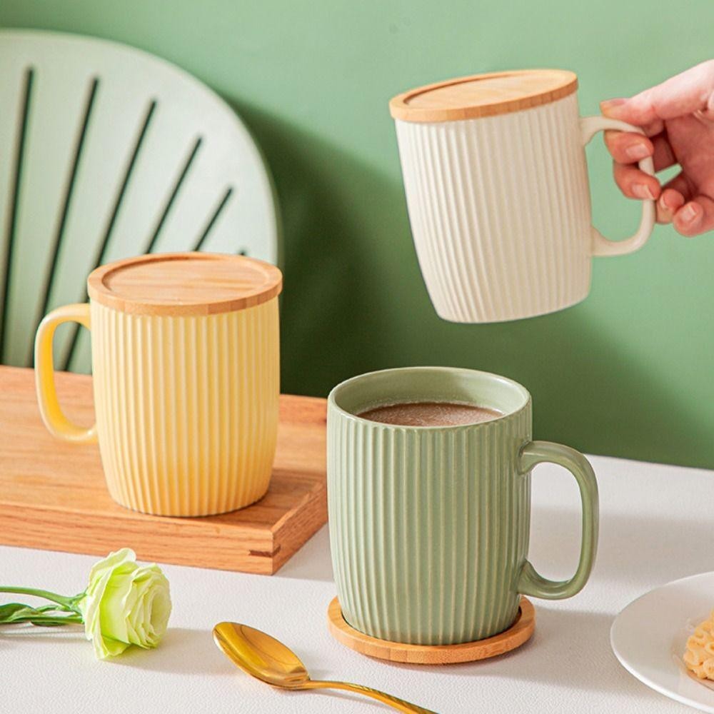 CABEZA แก้วเซรามิค, แนวตั้ง Grain 400ml ถ้วยกาแฟ, ร้อนสวยพร้อมฝาปิดไม้เรียบง่ายถ้วยอาหารเช้าสํานักงาน - รูปที่ 6