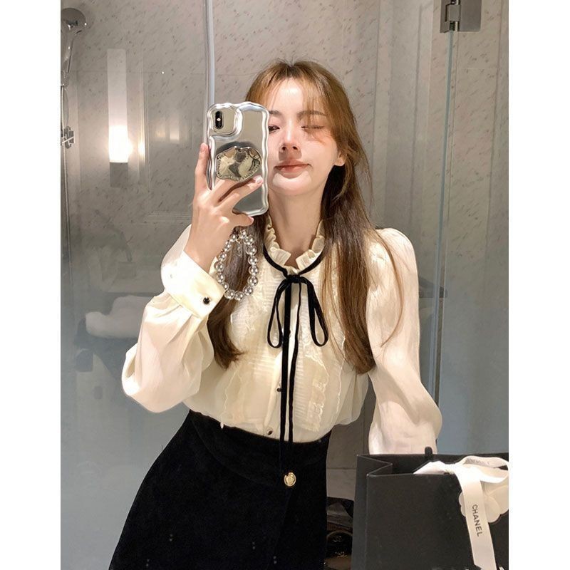 เสื้อเชิ้ตสไตล์ฝรั่งเศสใหม่ผู้หญิงการออกแบบเฉพาะความรู้สึกกลิ่นหอมขนาดเล็กเร้าใจ