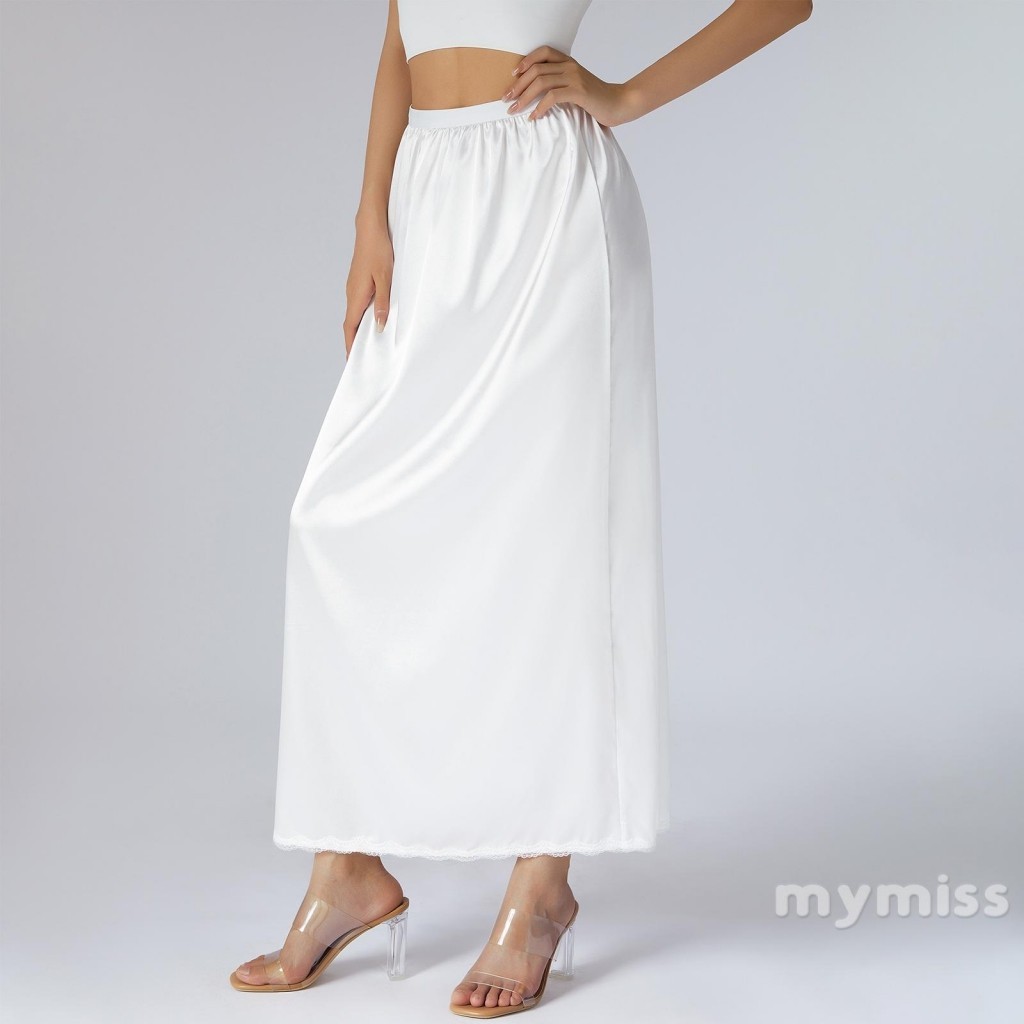 Mymiss1-ผู ้ หญิงกระโปรงครึ ่ งสลิปสีทึบเอวยางยืดซับในกระโปรงยาว