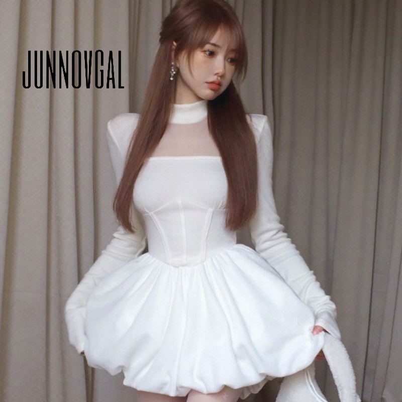 Junnovgal ชุดมินิเดรส คอกลม แขนยาว สีพื้น แฟชั่นใหม่ สําหรับผู้หญิง 2024