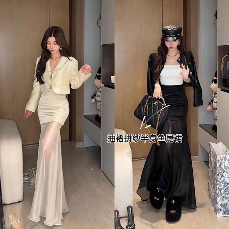 พลัสขนาดข้าวขาว/ดำเนื้อปกปิดเอวขนาดใหญ่ลูกตุ้มยาวแสดงรูปร่างร้อยผอมตาข่ายเส้นด้ายเอวสูงยืดกระโปร