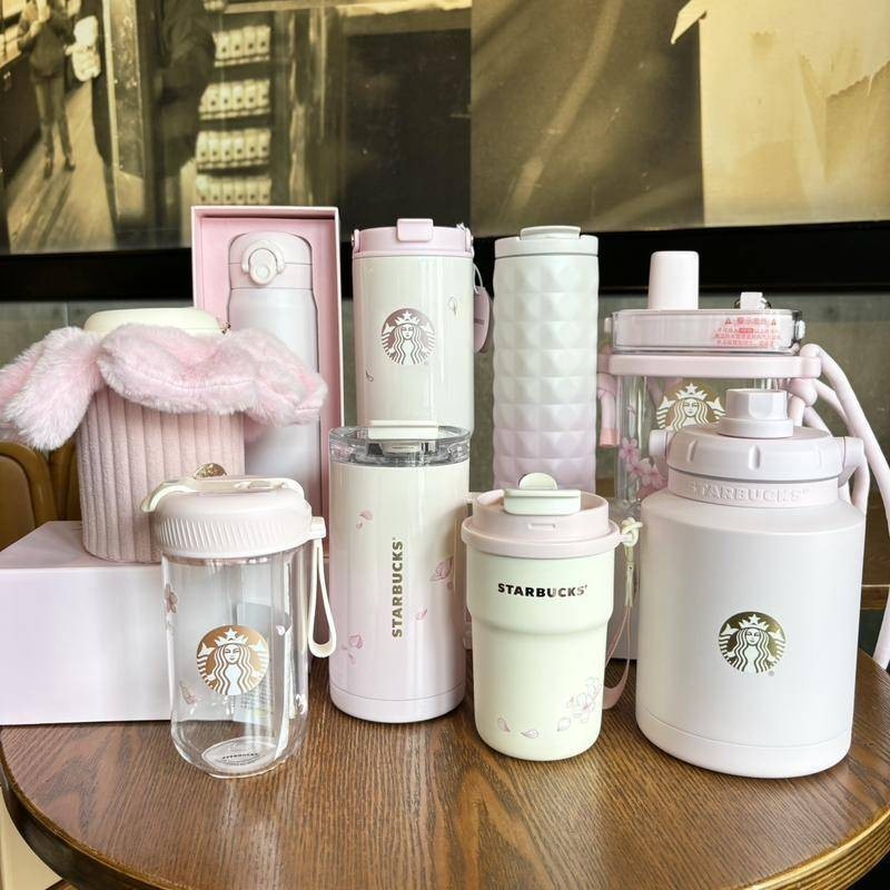 Starbucks แก้วกระติกน้ําร้อน สเตนเลส ลายดอกซากุระ สีชมพู พร้อมหลอดดูดน้ํา เหมาะกับของขวัญ 2024