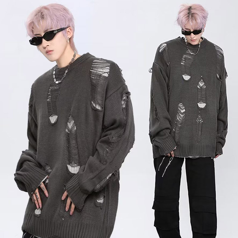 เสื้อกันหนาว คอกลม ผ้าถัก ทรงหลวม สไตล์สตรีท สําหรับผู้ชาย