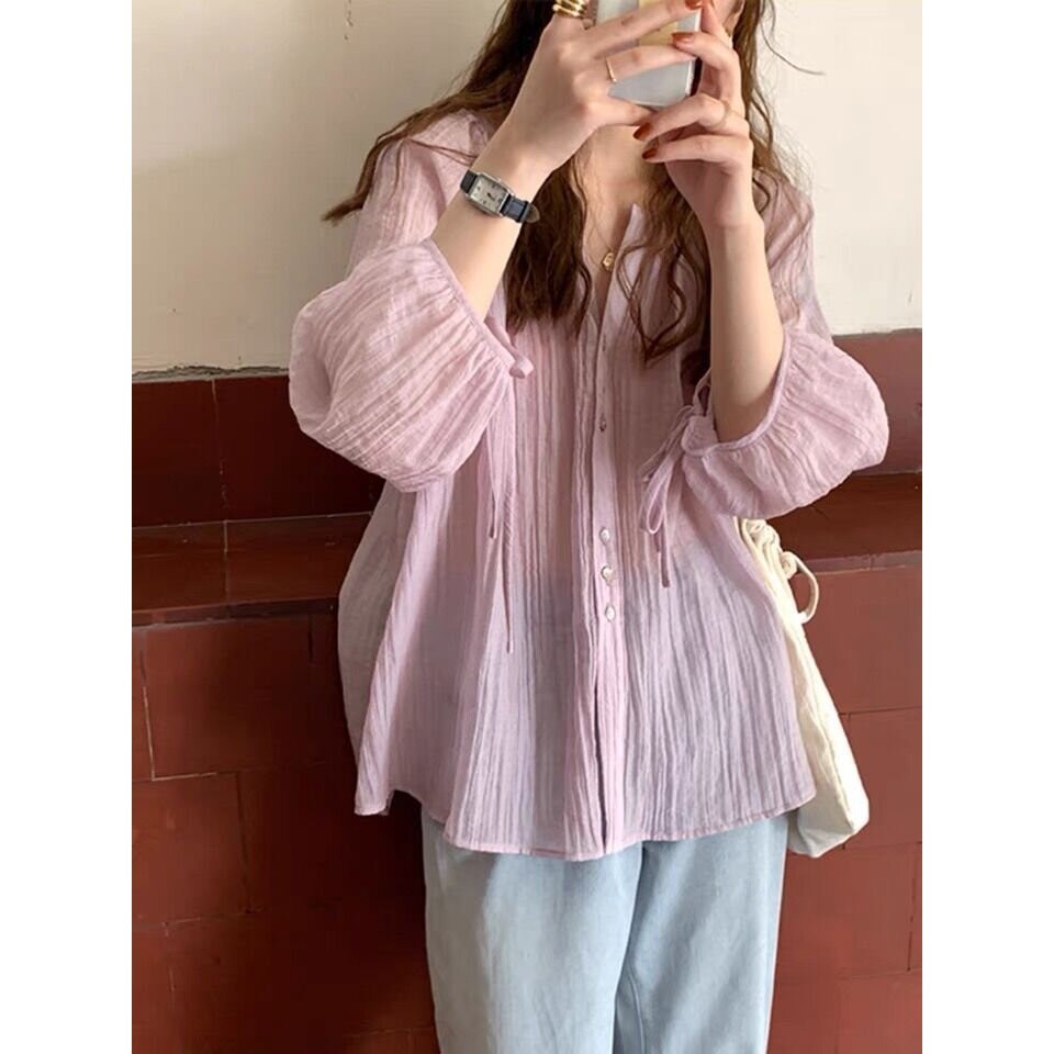Balamy Tencel เสื้อเชิ้ตกันแดด แขนทรงโคมไฟ จับจีบ ทรงหลวม สไตล์ใหม่ ฤดูร้อน สําหรับผู้หญิง