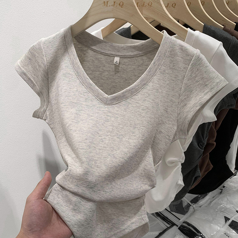 [ด้ายฝ้ายเทียม 210 กรัม] เสื้อยืดแขนสั้น คอวี เอวแคบ แฟชั่นฤดูร้อน สําหรับผู้หญิง