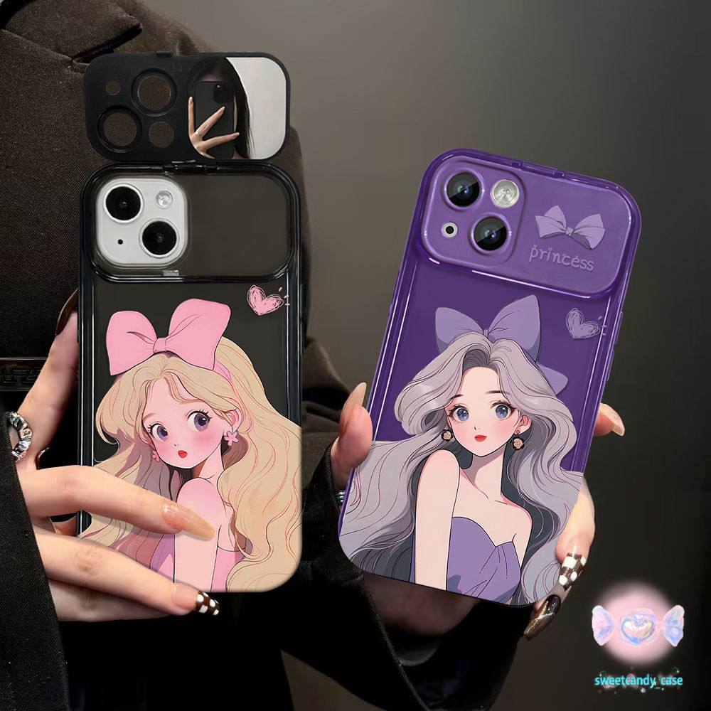 [โปรโมชั่น] โบว์สีชมพูสาวแต่งหน้ากระจกเคสโทรศัพท์ใช้งานร่วมกับiPhone 11 13 15 12 Pro Max X XR XS Max 7 8 14 15 Plus case