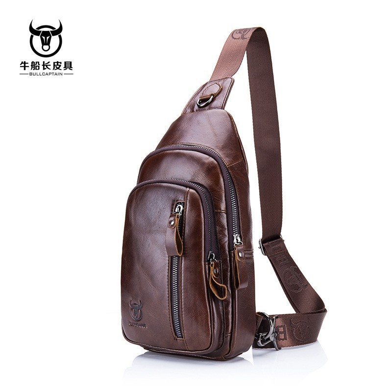 BULLCAPTAINผู้ชายหนังแท้Cowhide Vintage Sling Chest Back Day Pack Travelแฟชั่นCross Body Messengerไหล่B