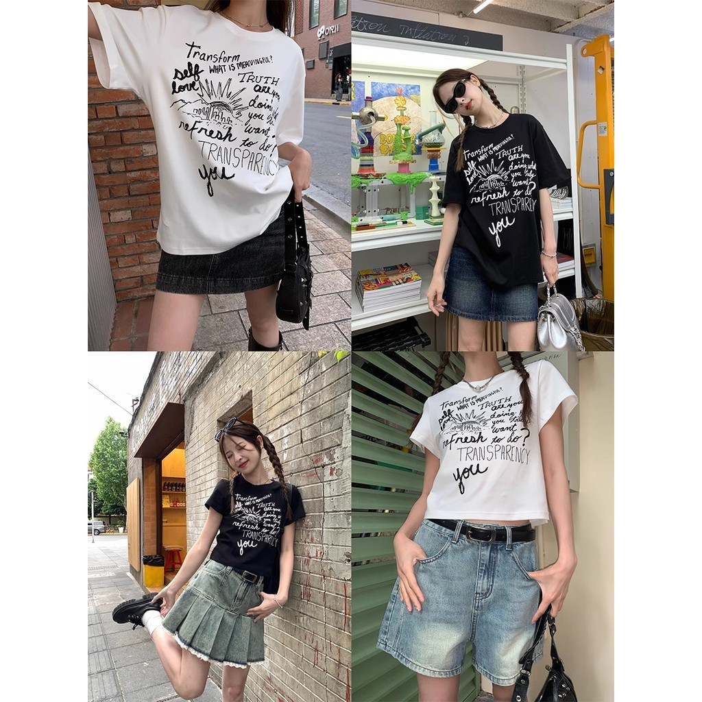 （ พร้อมส่ง ลายสุดฮิต!) baby tee 100% cotton T-shirt เสื้อยืดสไตล์เกาหลี เสื้อยืดแขนสั้นผู้หญิงสำหรับหน้าร้อน ดูดซับเหง