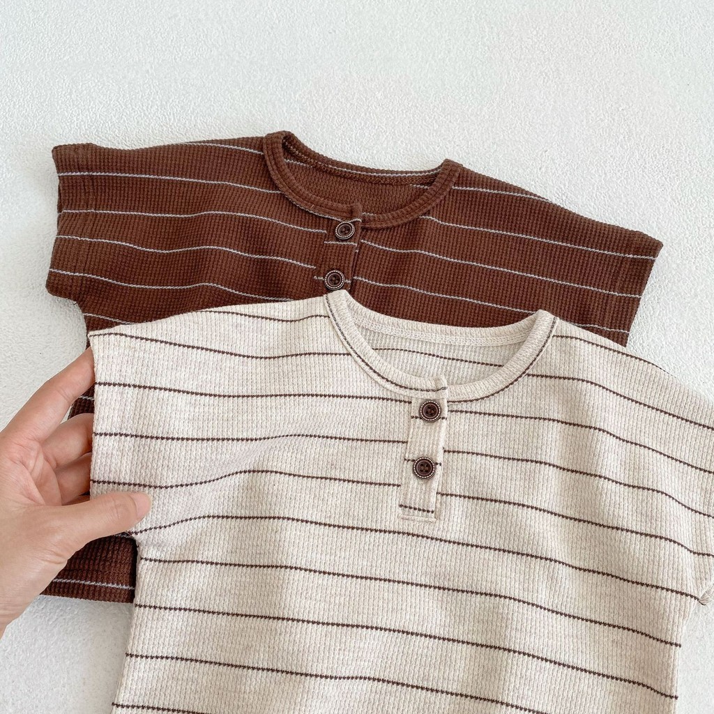 เสื้อยืดแขนสั้นลําลอง คอกลม และกางเกงขาสั้น พิมพ์ลายทาง แฟชั่นฤดูร้อน สําหรับเด็กผู้ชาย และเด็กผู้หญิง มีสองชิ้น ราคา ถูกที่สุด ดีลบีเคเค แกลเลอรีภาพที่ 7