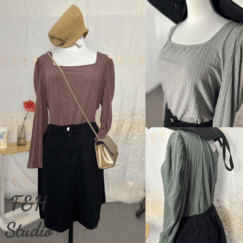 F&H 2256-3 สี XL-4XL เสื้อเบลาส์พื้นฐานแขนฟองผู้หญิงขนาดบวก