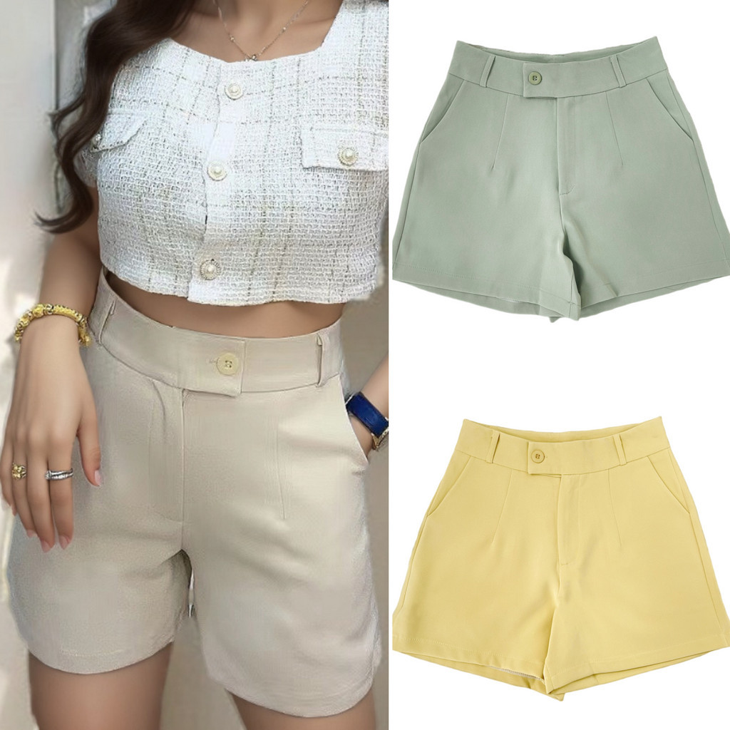 suysuy พร้อมส่ง กางเกง ผู้หญิง ขาสั้น เอวสูง สุดชิค กระดุมยื่น ซิปหน้า ผ้าเปเป้ สไตล์ เกาหลี