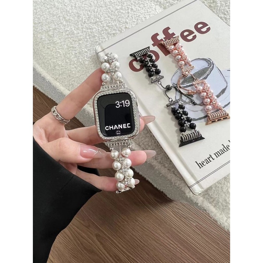 Ins Xiaoxiangfeng สายนาฬิกาข้อมือ ประดับไข่มุก สําหรับ Apple Watch 87654321ชุดเสื้อแขนสั้น แฟชั่นฤดูร้อน สําหรับผู้หญิง