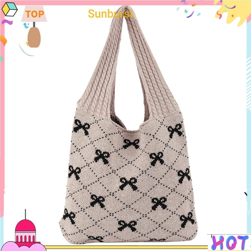 [Sunburst11.th] กระเป๋าถือ กระเป๋าช้อปปิ้ง ถักโครเชต์ พิมพ์ลายโบว์ สําหรับผู้หญิง [Sunburst11.th]