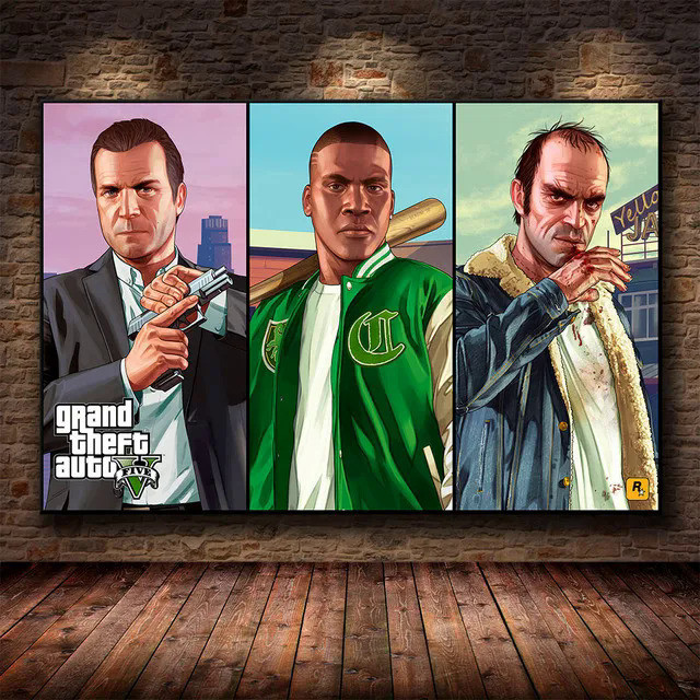 Grand Theft Auto V Game โปสเตอร์ GTA 5 ผ้าใบ พิมพ์ลายศิลปะ สําหรับตกแต่งผนังห้อง บ้าน