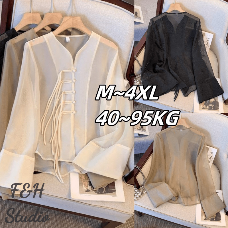 F&H 4175-3 สี M-4XL ผู้หญิงวินเทจปุ่มออกแบบ V คอเชียร์ชีฟองเสื้อป้องกันแสงแดด