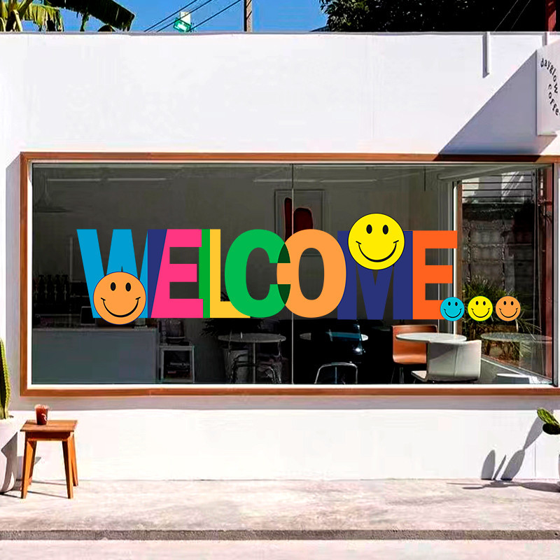 สติกเกอร์ ลายหน้ายิ้ม สําหรับติดตกแต่งกระจก ประตูร้านกาแฟ ร้านชานม