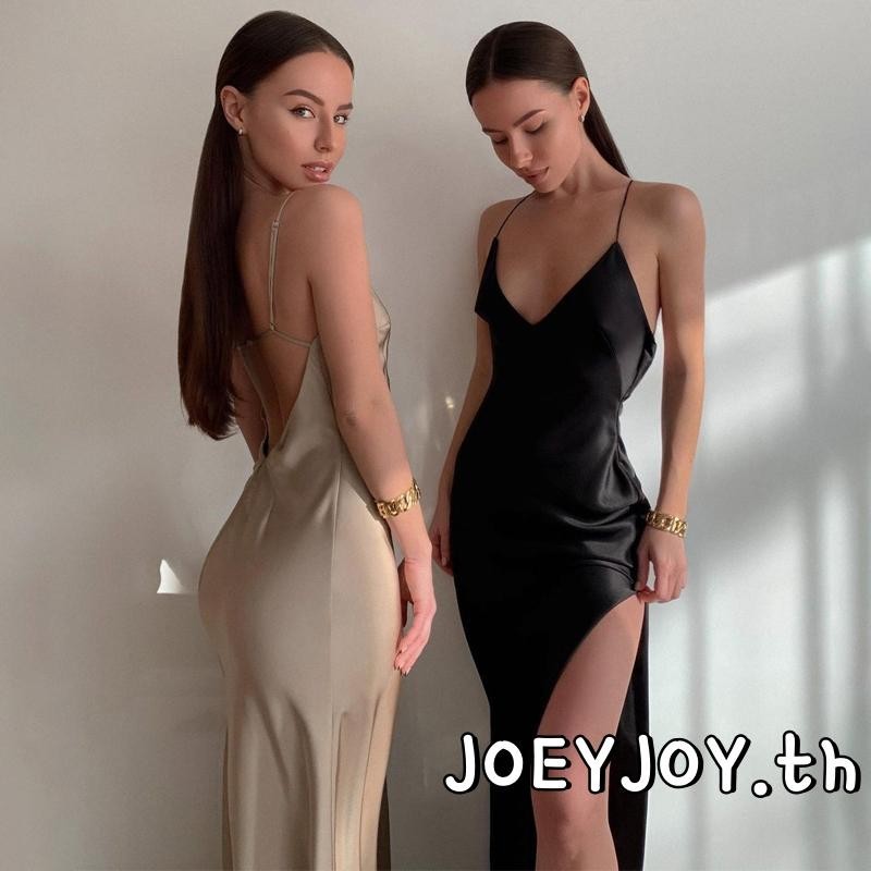 Joeyjoy-women Vintage Split Dress แขนกุด V คอฤดูร้อนชุดราตรีชุดยาวสําหรับวันหยุด