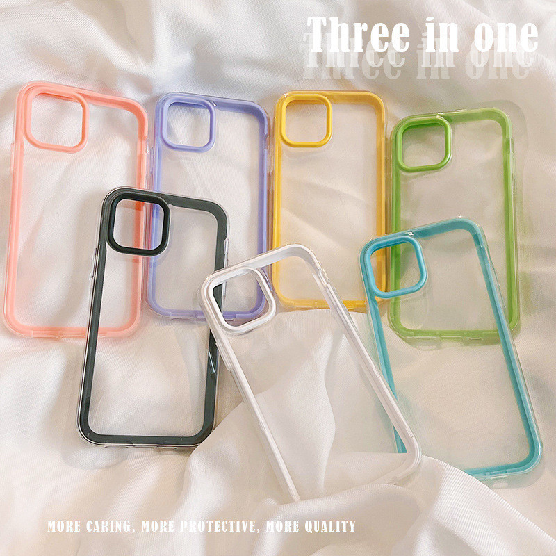 3 In 1 เคสโทรศัพท์ TPU ใส กรอบสีลูกกวาด ถอดออกได้ สําหรับ iPhone 14 13 12 11 Pro Max X Xs Max Xr 8 7 Plus