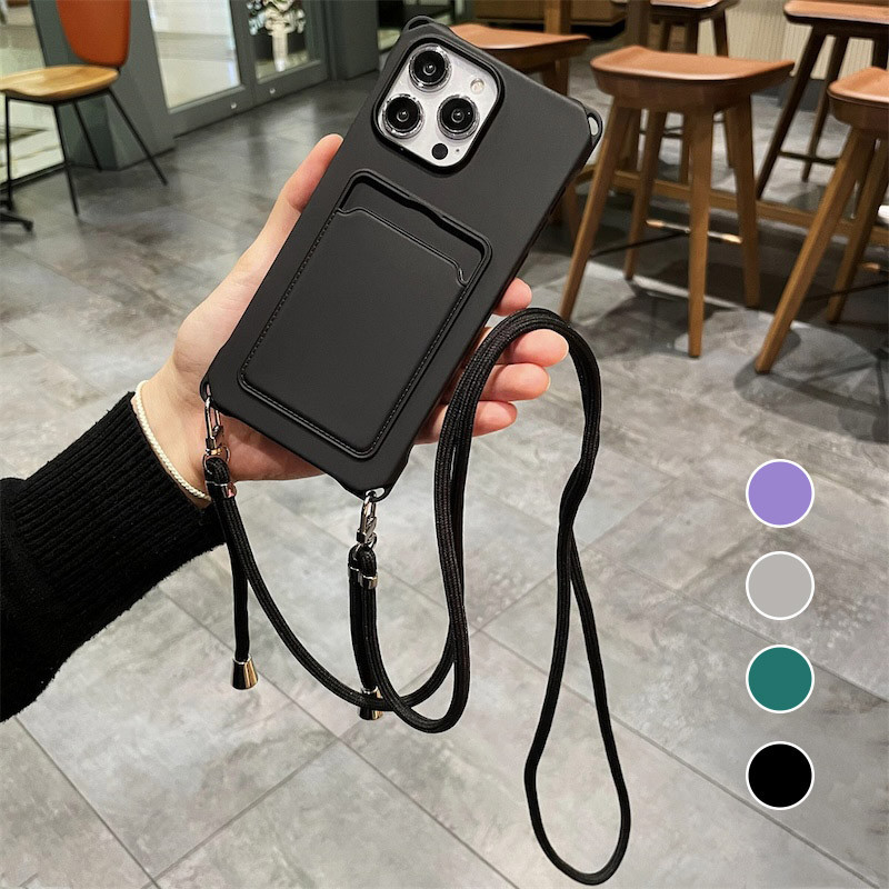 เคสโทรศัพท์มือถือ ซิลิโคนนิ่ม พร้อมสายคล้อง และช่องใส่บัตร สีแคนดี้ สําหรับ iPhone 15 11 12 13 14 Pro Max 15 Plus X XR Xs Max