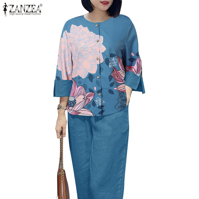 Zanzea ผู้หญิง วินเทจ พิมพ์ลาย เอวยางยืด กระเป๋าเสื้อ กางเกง