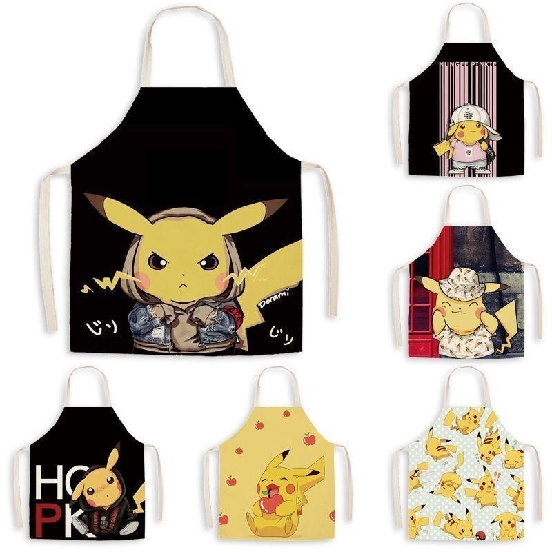 สาว Go Pikachu Pokémon Boys และผู้ปกครองน่ารักการ์ตูน Pika ผ้ากันเปื้อนสําหรับเด็กผู้ใหญ่ผ้าลินินทํา