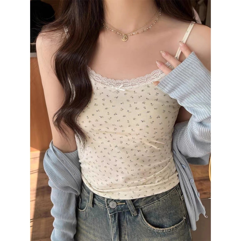 9968 SPS เสื้อสายเดี่ยวตัวจิ๋วแต่งลายดอกไม้ตะมุตะมิ เนื้อผ้าสัมผัสดีแต่งลูกไม้คอเสื้อมี 3 สี 4 ขนาดให้เลือกส่งจากไทย