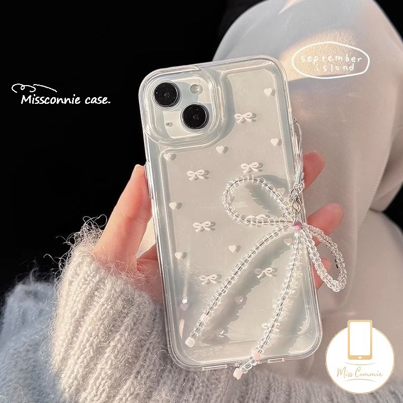 เคสโทรศัพท์มือถือใส แบบนิ่ม ลายหัวใจ ประดับโบว์ มีสายคล้อง สําหรับ Samsung A14 A12 A13 A32 A24 A23 A11 A52 A51 A54 A05 A52s A21s A53 A03s A02s A04 A34 A31 A05s A50s A20s A30 A04s A10s A30s A04E