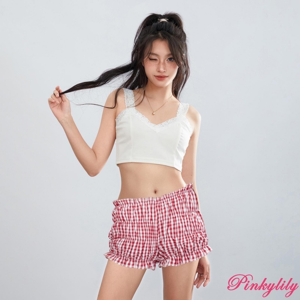 Pink -กางเกงขาสั้นลําลอง เอวยางยืด พิมพ์ลายสก๊อต เหมาะกับเดินชายหาด แฟชั่นฤดูร้อน สําหรับสตรี
