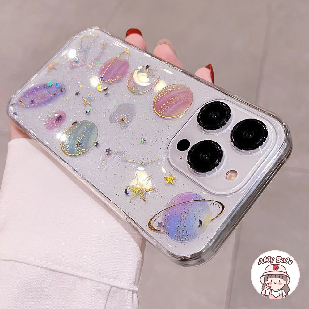 เคสโทรศัพท์มือถือ TPU นิ่ม แบบใส กันฝุ่น ลายดาวเคราะห์ 3D กลิตเตอร์ สีขาว สําหรับ IPhone 15 Pro Max 14 13 12 11 Pro Max