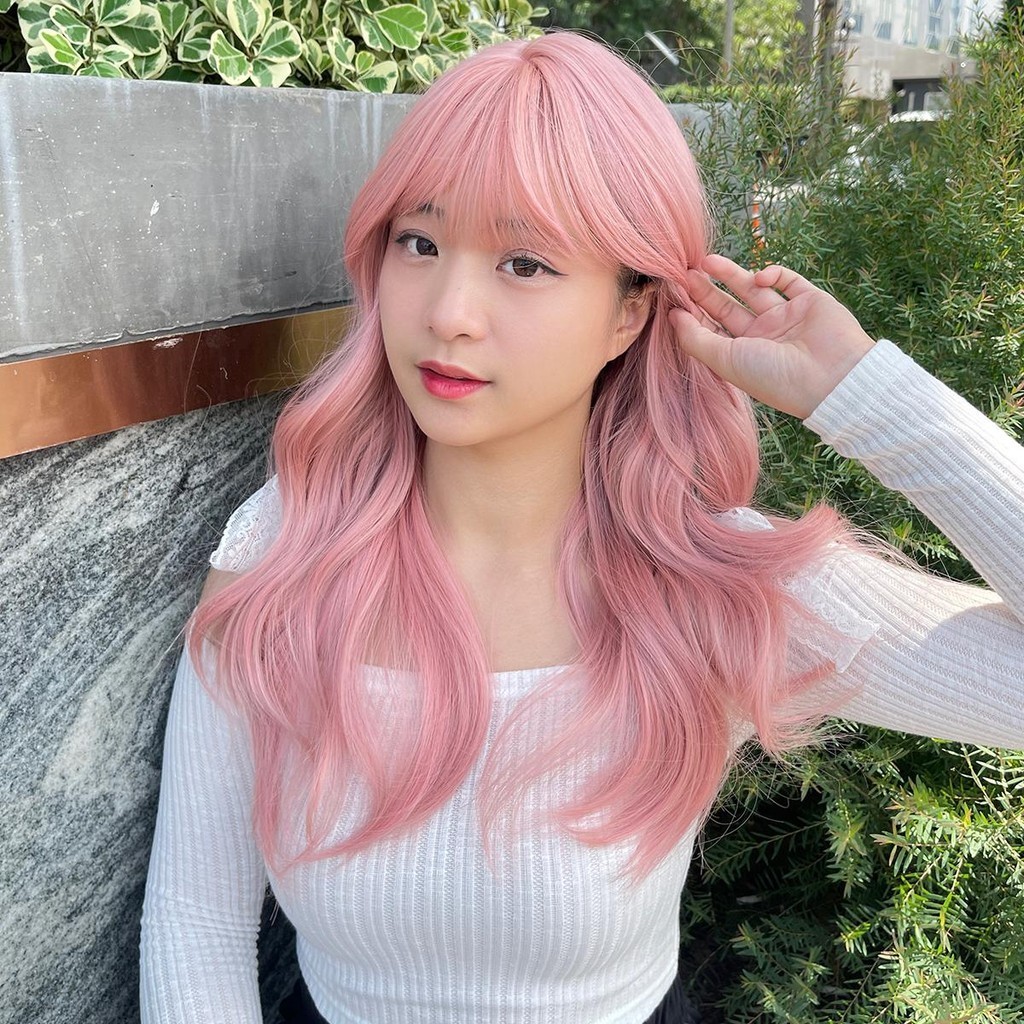 GDS Wigs วิกผมลอนสีชมพูพาสเทล มีหน้าม้า (ยาว 55 cm)
