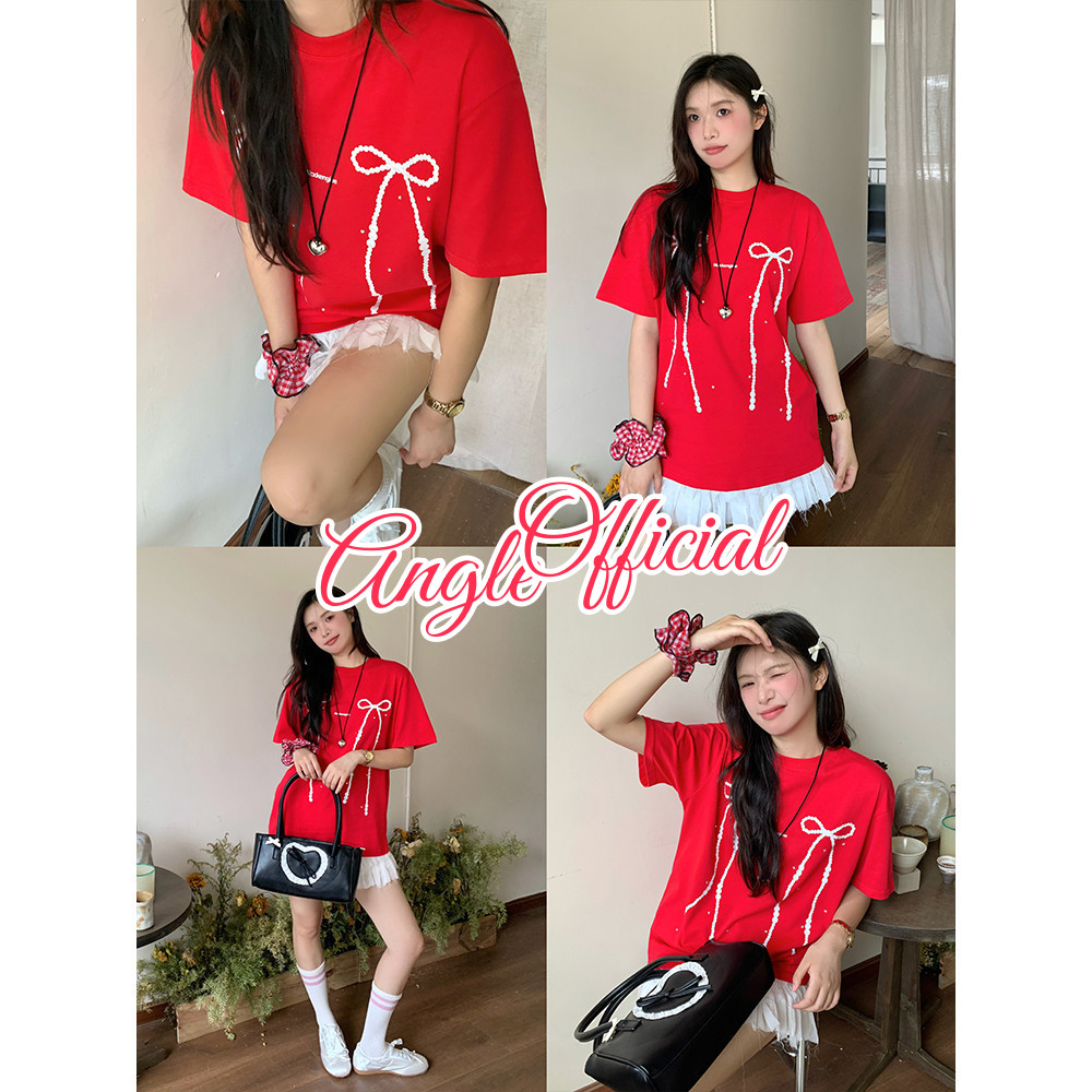 (จัดส่งตลอด 24 ชั่วโมง）Angle Official เสื้อยืดแขนสั้นสำหรับผู้หญิง. มีการพิมพ์ลายโบว์และประดับด้วยอั