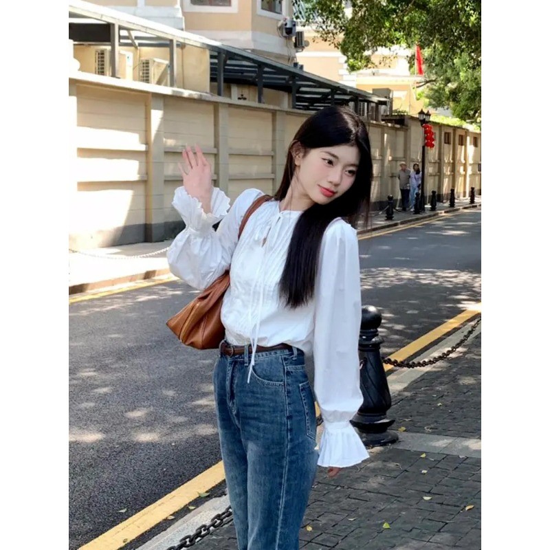 🌈🌈vicky~สีทึบ ผูกขึ้น แขนยาว เสื้อเชิ้ต สไตล์หวาน เวอร์ชั่นเกาหลี