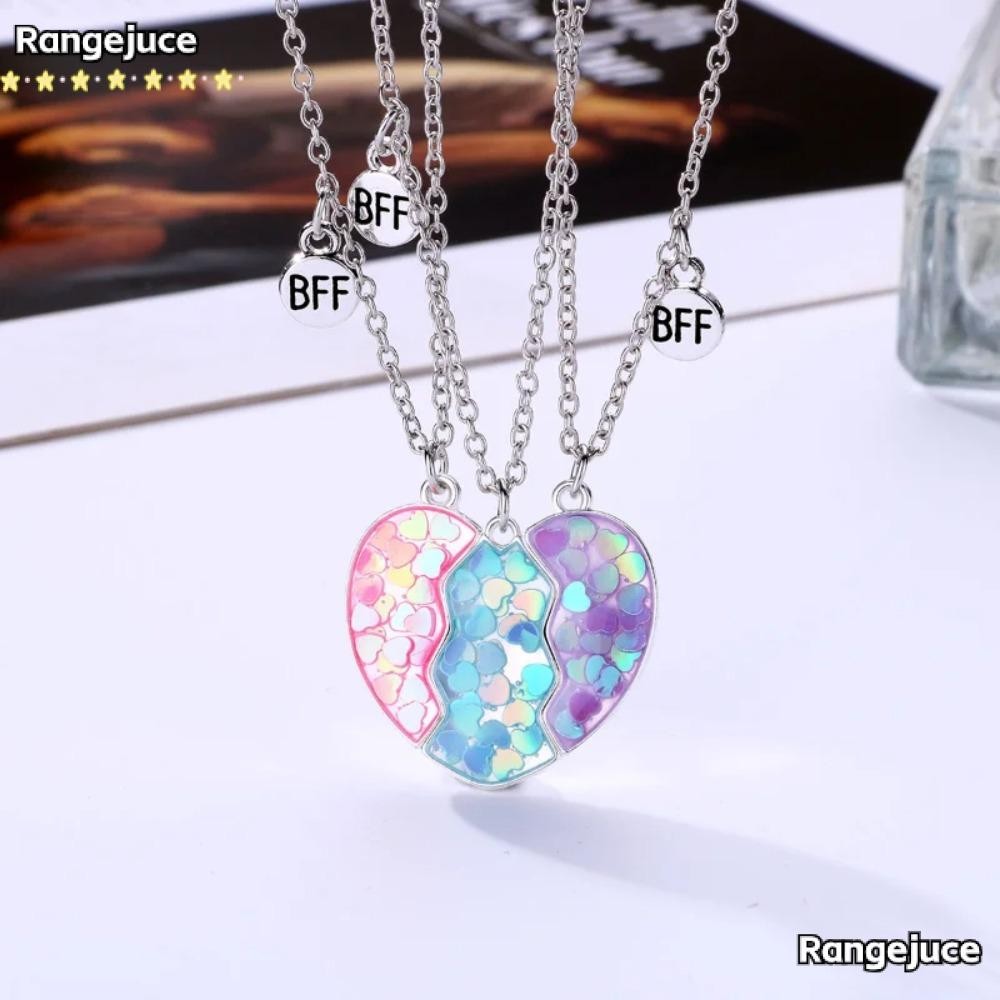 Rangejuce 3 ชิ้น BFF สร้อยคอ, เครื่องประดับมิตรภาพมิตรภาพจับคู่สร้อยคอจี้หัวใจ, น่ารักโลหะผสมการ์ตูนหยดสร้อยคอหัวใจ