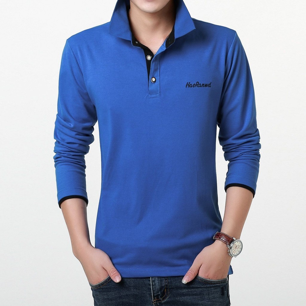 เสื้อโปโลแขนยาว คอปก ทรงหลวม สีพื้น สไตล์นักธุรกิจ แฟชั่นฤดูใบไม้ผลิ และฤดูใบไม้ร่วง สําหรับผู้ชายวัยกลางคน