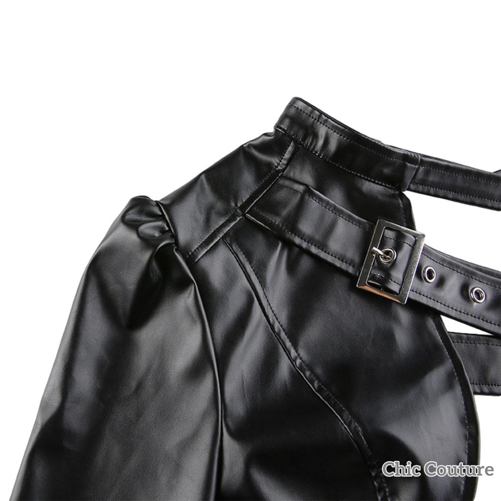 【ส่งจากไทย】​ผู้หญิงสไตล์พังก์ท็อปส์พืชเย็นเดียวแขนยาวคอแขวนเข็มขัดหนังเชื่อมต่อเสื้อผ้าผู้หญิง - รูปที่ 7