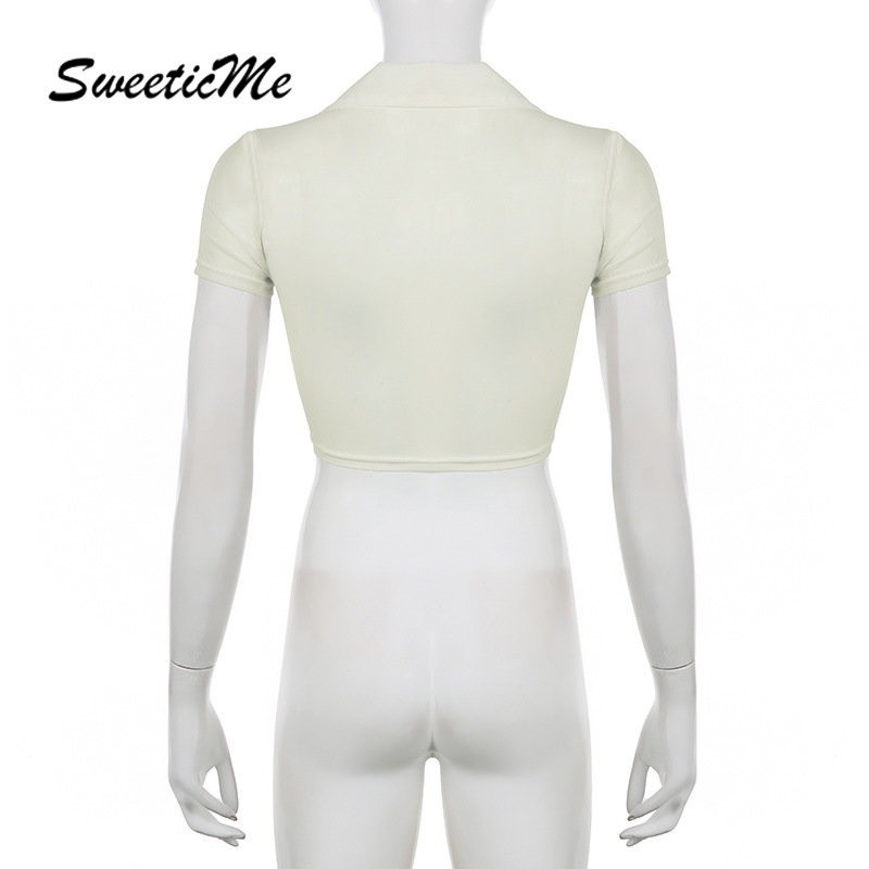 SweeticMe ผู้หญิงใหม่ลําลองแฟชั่นสีทึบเปิดลงคอปกแขนสั้น Crop Streetwear เสื้อยืด ราคา ถูกที่สุด ดีลบีเคเค แกลเลอรีภาพที่ 8
