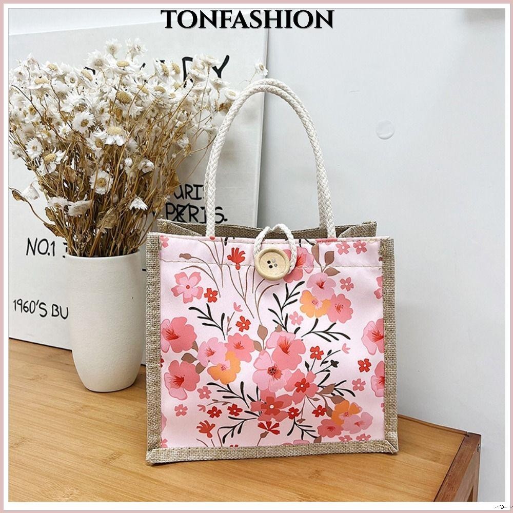 Tonfashion กระเป๋าถือ ผ้าแคนวาส ผ้าฝ้าย ผ้าลินิน พร้อมกระดุม มีซิป ใช้ซ้ําได้ สําหรับใส่อาหารเช้า พนักงานออฟฟิศ