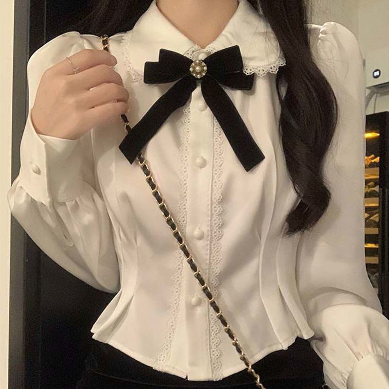 เสื้อเชิ้ตแขนยาว คอตุ๊กตา เอวแคบ สไตล์หวาน แฟชั่นฤดูใบไม้ร่วง สําหรับผู้หญิง